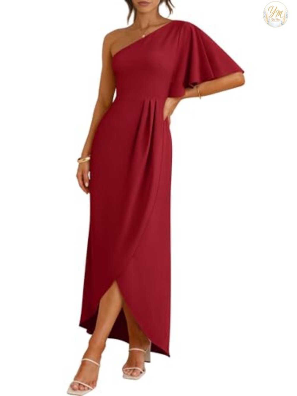 Women One Shoulder Wrap Midi Dress Formal Party Prom Maxi Side Slit Polyester